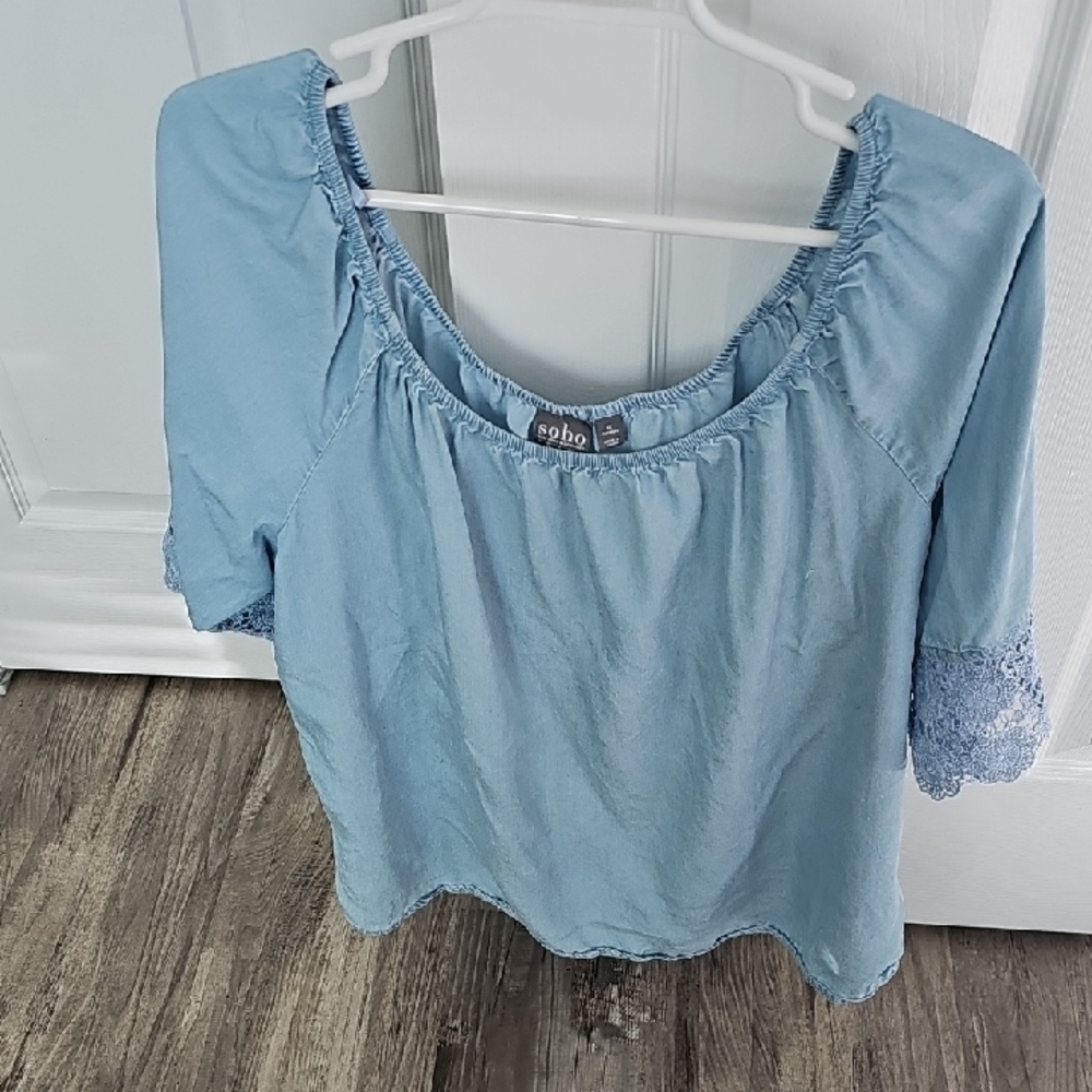 Soho Sky Blue Blouse with Lace Sleeves